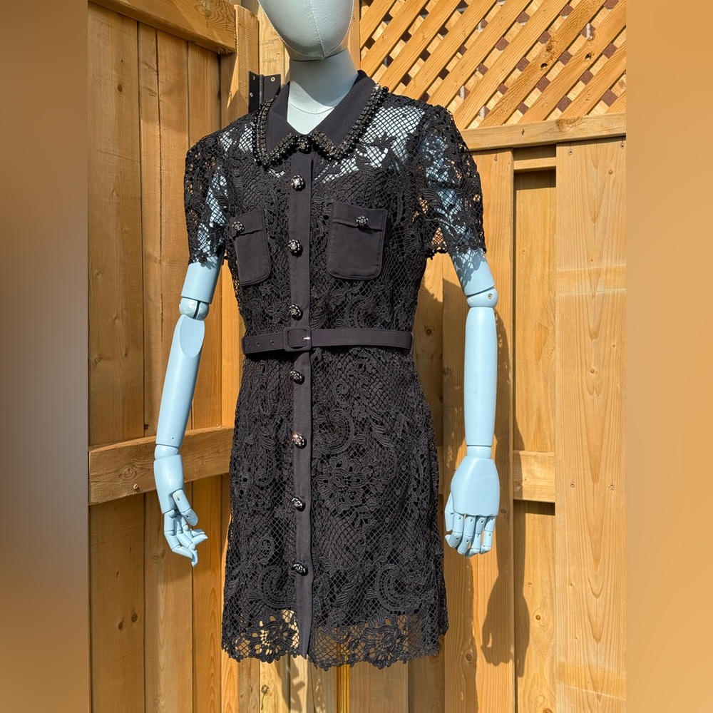 🆕 SELF PORTRAIT 🧿 NWOT Black Lace Button Front Mini Dress, Sz UK 14 US 10 - Picture 13 of 17